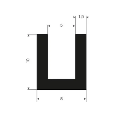 A diagram of a square-angled U-shape rubber extrusion, with dimensions for each side.